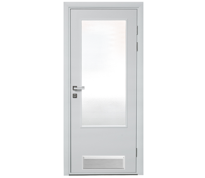 Влагостойкая дверь ПВХ АКВАДВЕРЬ с окном белая одностворчатая с вентиляционной решеткой