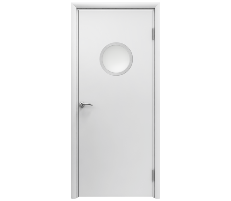 Влагостойкая дверь ПВХ АКВАДВЕРЬ с иллюминатором белая одностворчатая с ПВХ кромкой